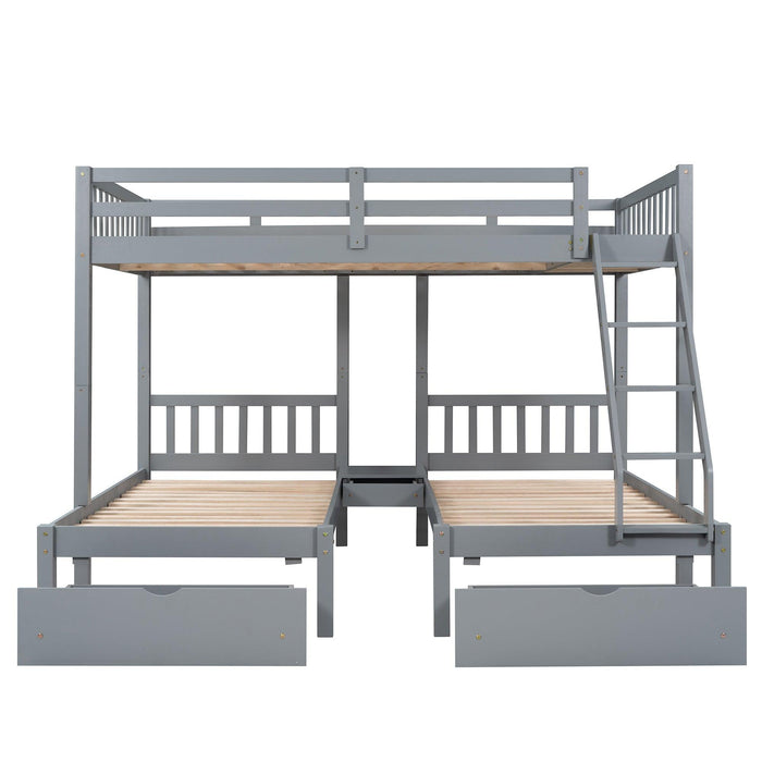 Full Over Twin and  Twin Bunk Bed with Drawers and Guardrails - Gray