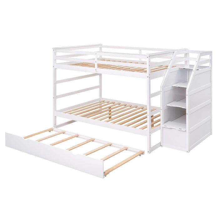 Full over Full Bunk Bed withStorage Staircase and Twin Size Trundle Bed - White