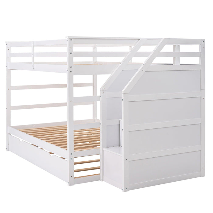 Full over Full Bunk Bed withStorage Staircase and Twin Size Trundle Bed - White