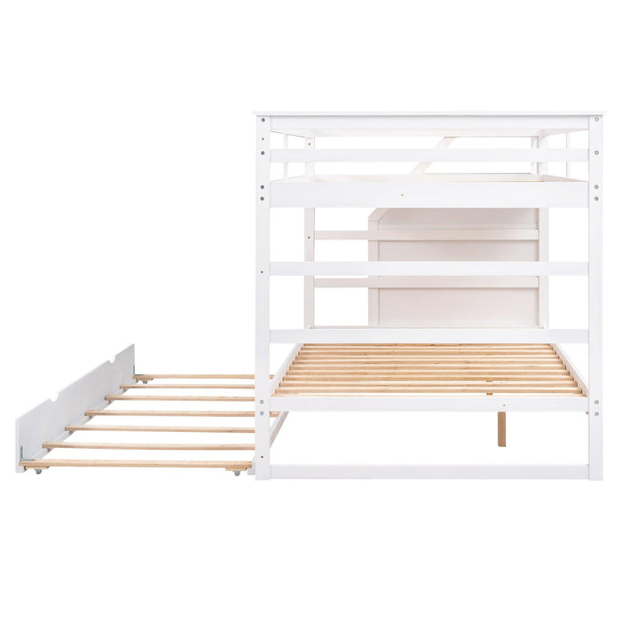 Full over Full Bunk Bed withStorage Staircase and Twin Size Trundle Bed - White