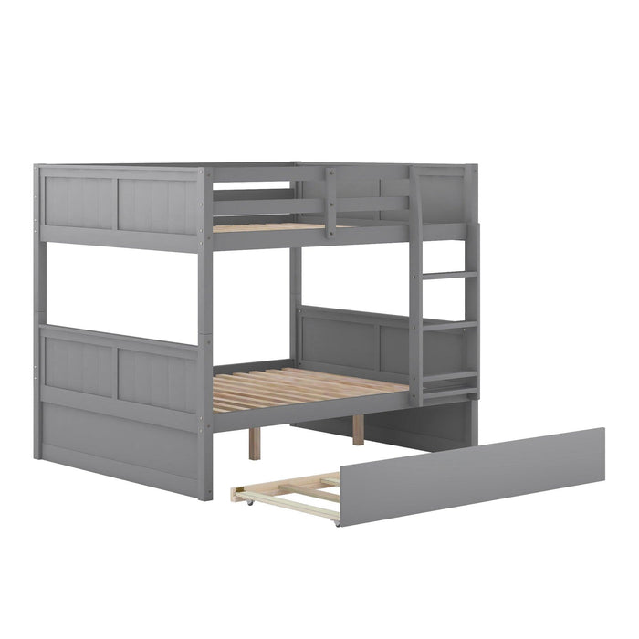 Full Over Full Bunk Bed with Twin Size Trundle, Ladder, Head and Footboard - Gray