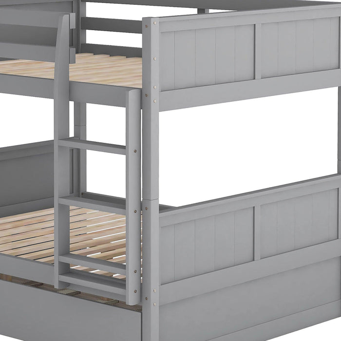 Full Over Full Bunk Bed with Twin Size Trundle, Ladder, Head and Footboard - Gray