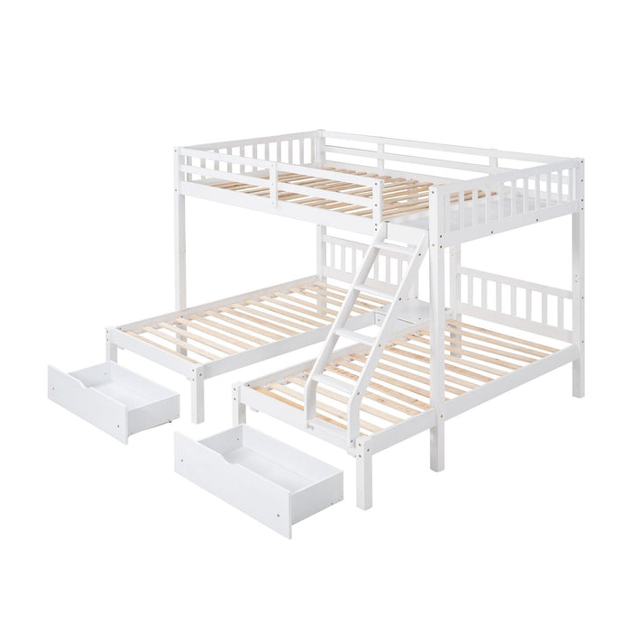 Full Over Twin and  Twin Bunk Bed with Drawers and Guardrails - White