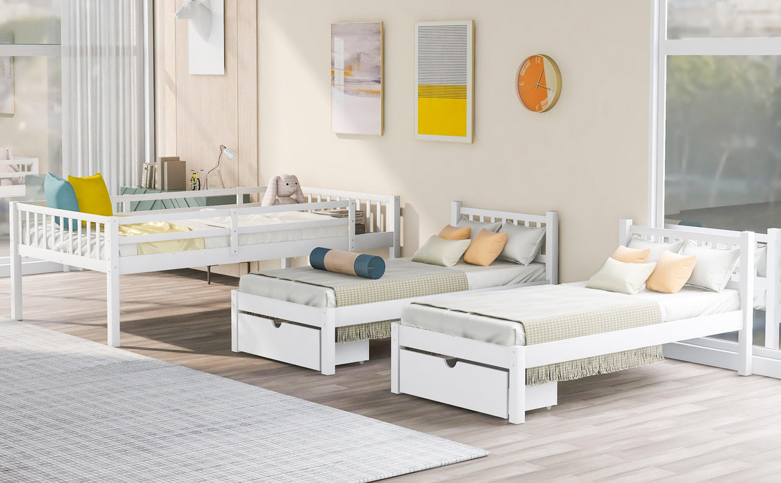 Full Over Twin and  Twin Bunk Bed with Drawers and Guardrails - White