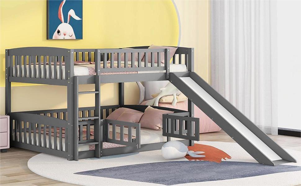 Full over Full Low Bunk Bed with Slide, Fence and Ladder - Gray