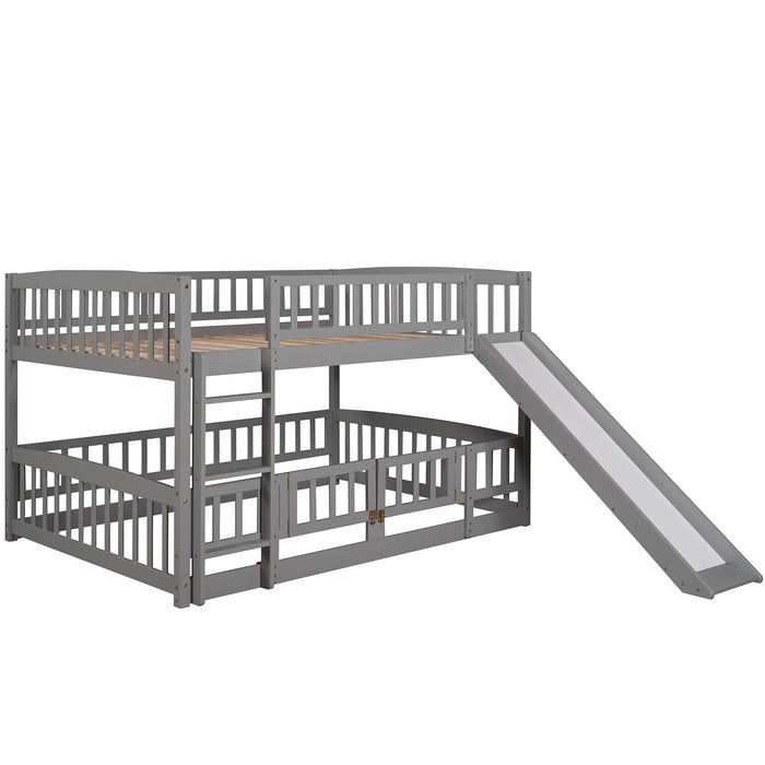 Full over Full Low Bunk Bed with Slide, Fence and Ladder - Gray