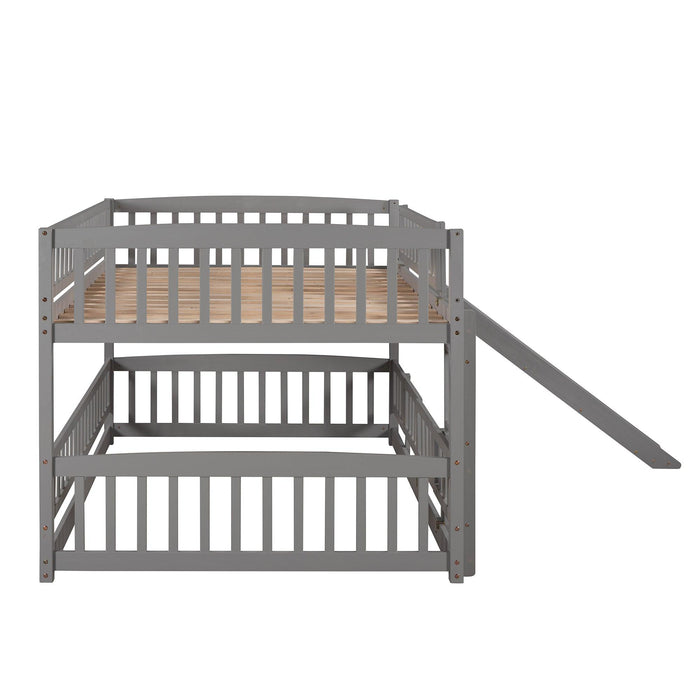 Full over Full Low Bunk Bed with Slide, Fence and Ladder - Gray