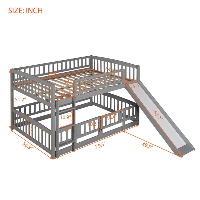 Full over Full Low Bunk Bed with Slide, Fence and Ladder - Gray