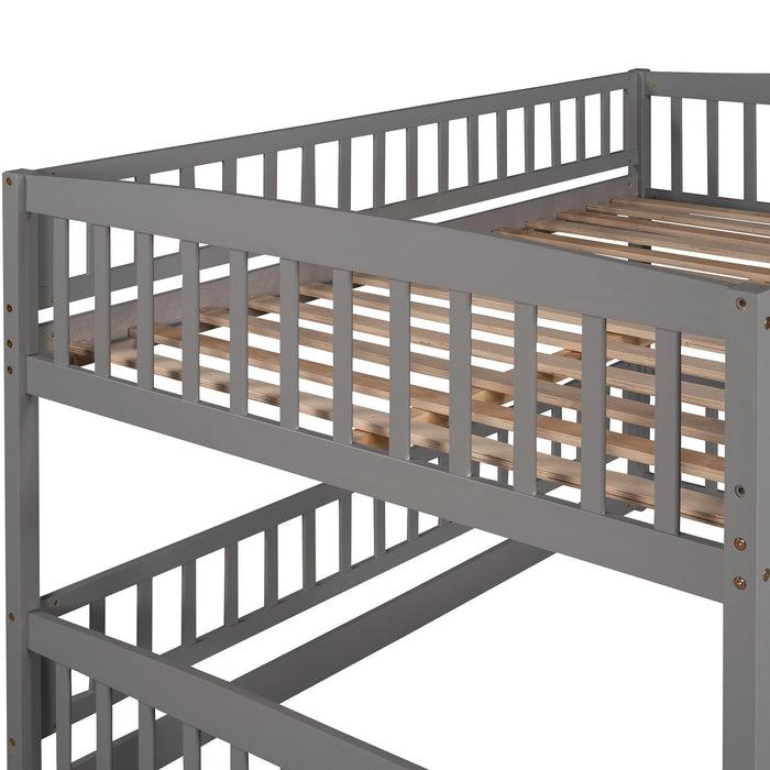 Full over Full Low Bunk Bed with Slide, Fence and Ladder - Gray