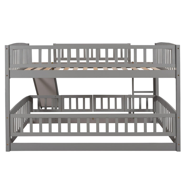 Full over Full Low Bunk Bed with Slide, Fence and Ladder - Gray