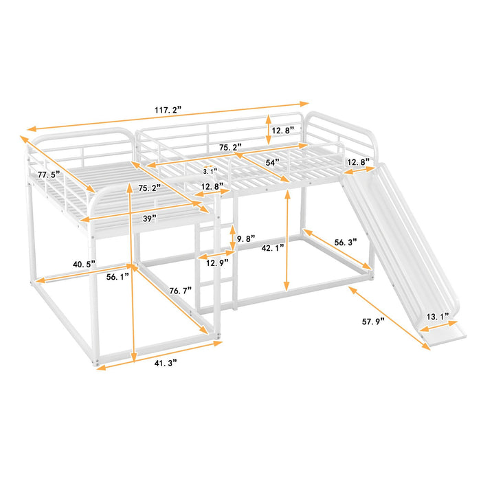 Full and Twin Size Low L-Shaped Bunk Bed with Slide and Ladder - White