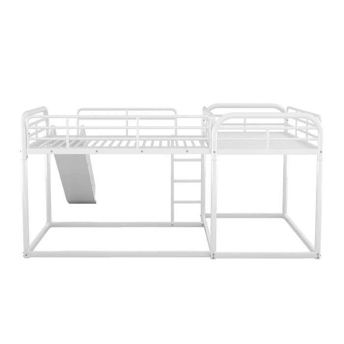 Full and Twin Size Low L-Shaped Bunk Bed with Slide and Ladder - White