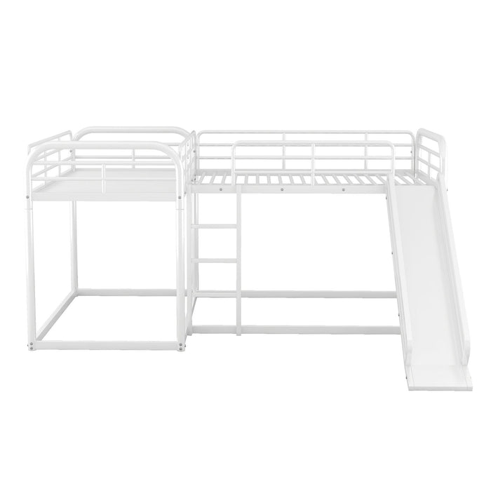 Full and Twin Size Low L-Shaped Bunk Bed with Slide and Ladder - White