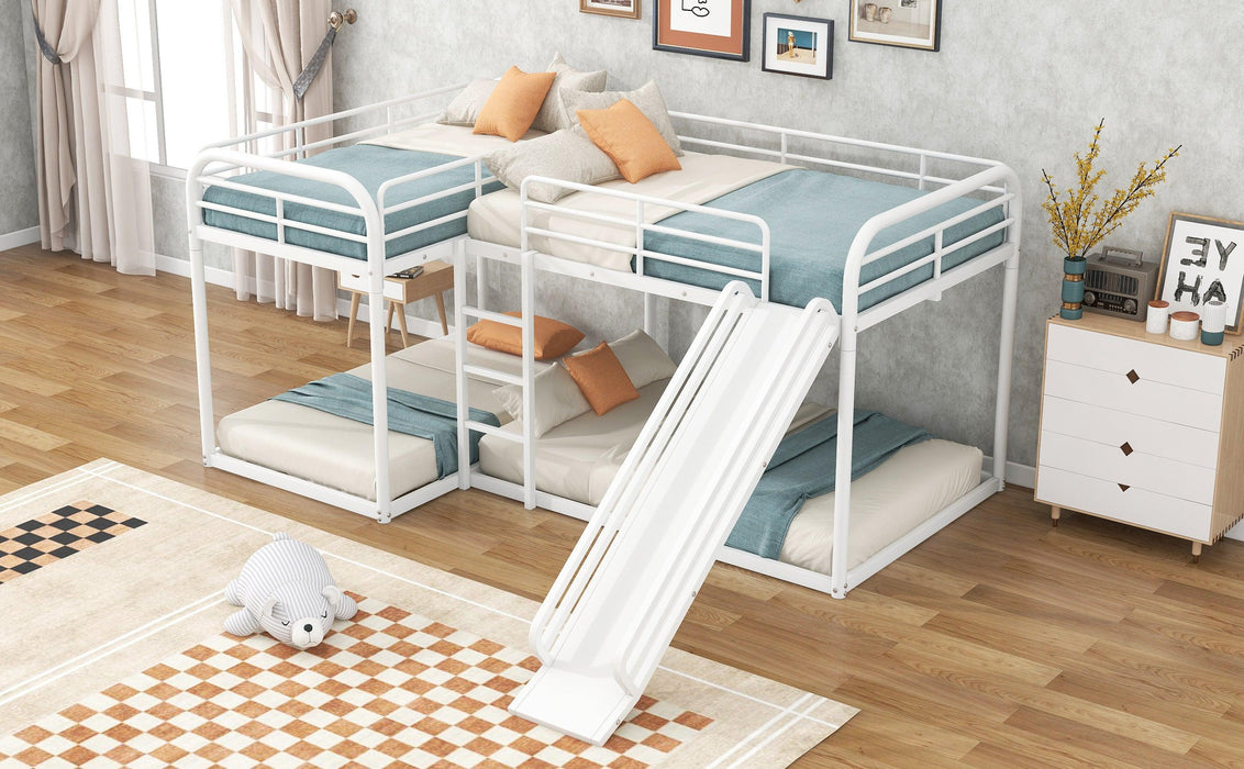 Full and Twin Size Low L-Shaped Bunk Bed with Slide and Ladder - White