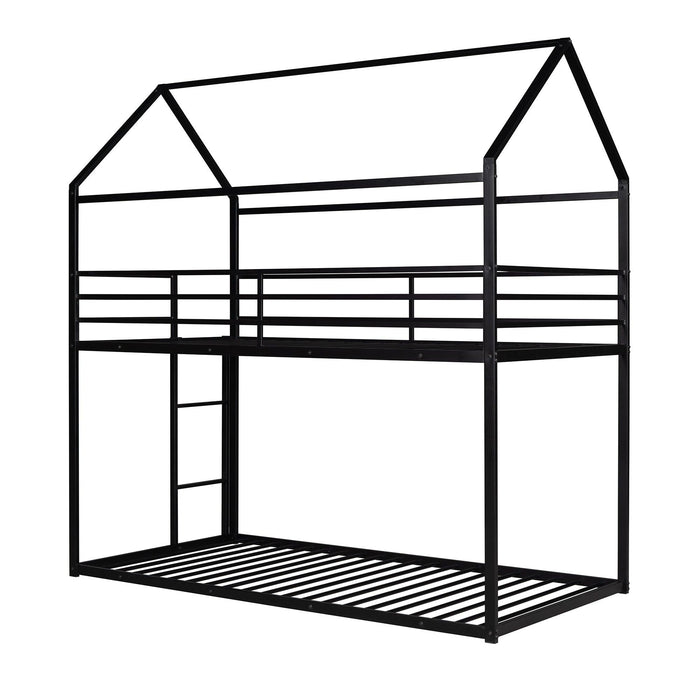 Twin over Twin Metal House Shaped Bunk Beds with Built-in Ladder - Black