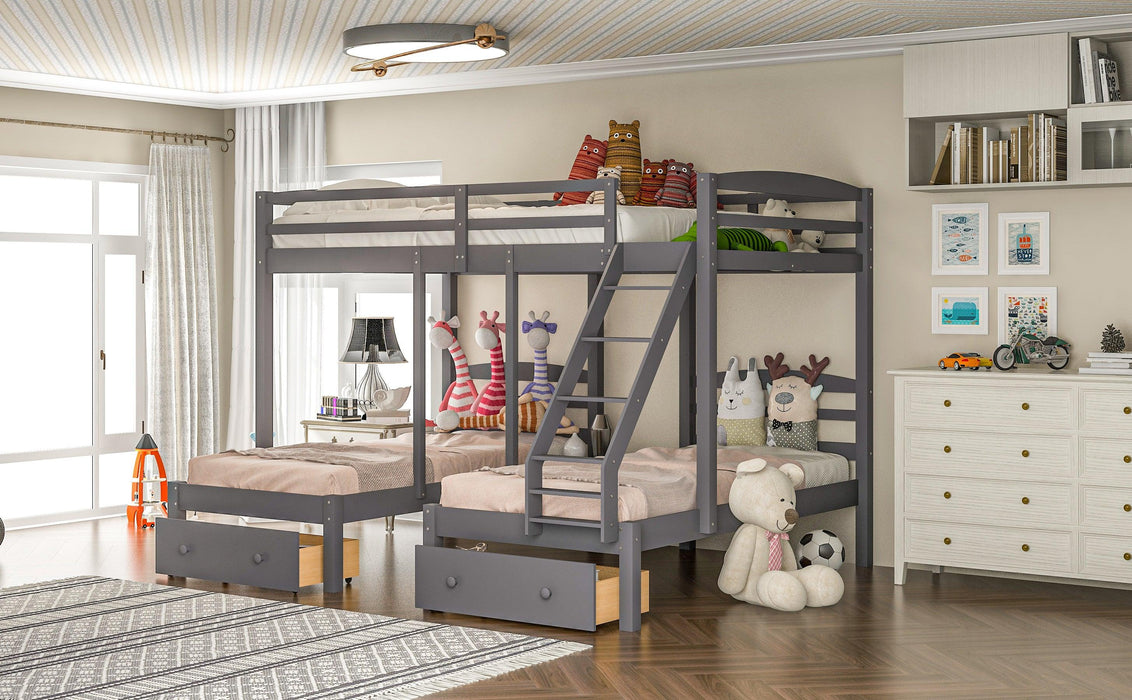 Full over Twin and Twin Bunk Bed with Drawers - Gray