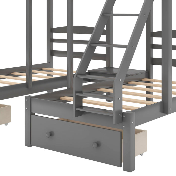 Full over Twin and Twin Bunk Bed with Drawers - Gray