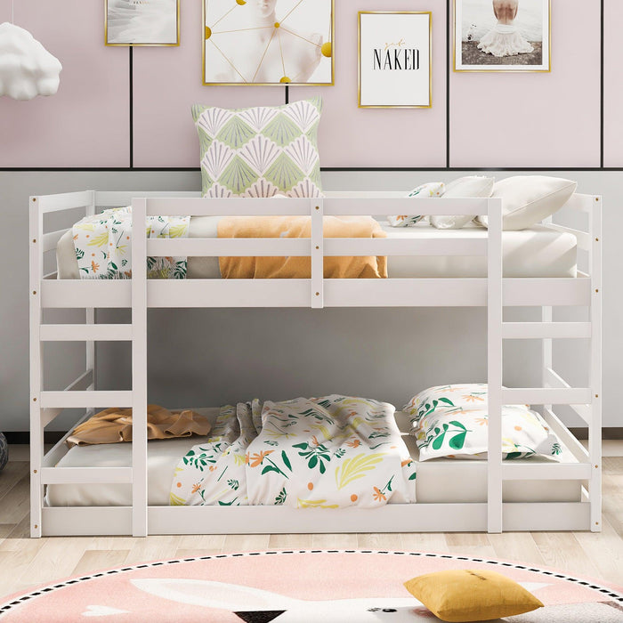 Full Over Full Low Bunk Bed with Ladder - White