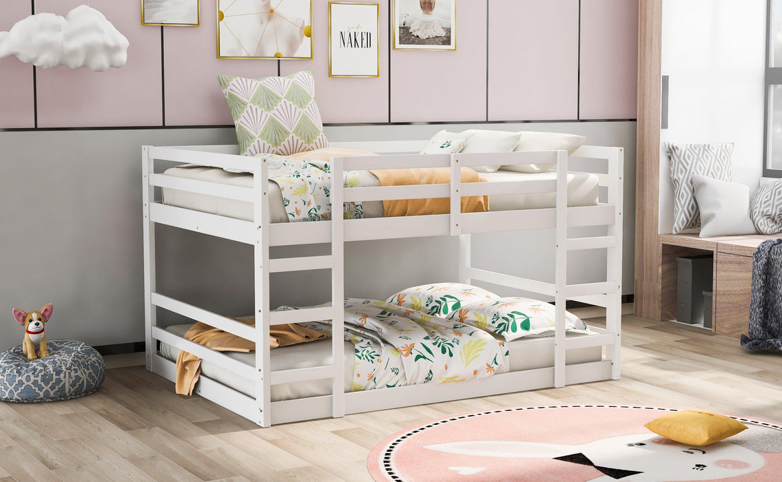 Full Over Full Low Bunk Bed with Ladder - White