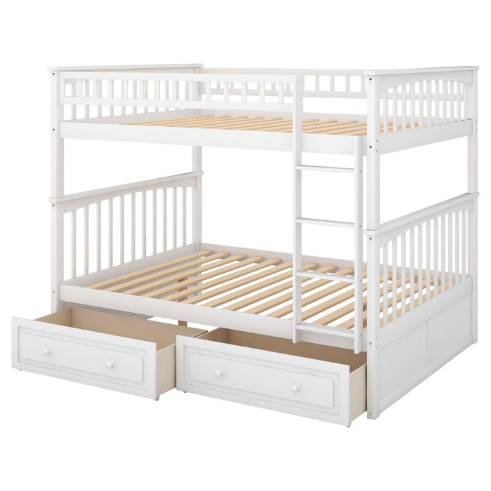 Full over Full Convertible Bunk Bed with Drawers and Head and Footboard - White