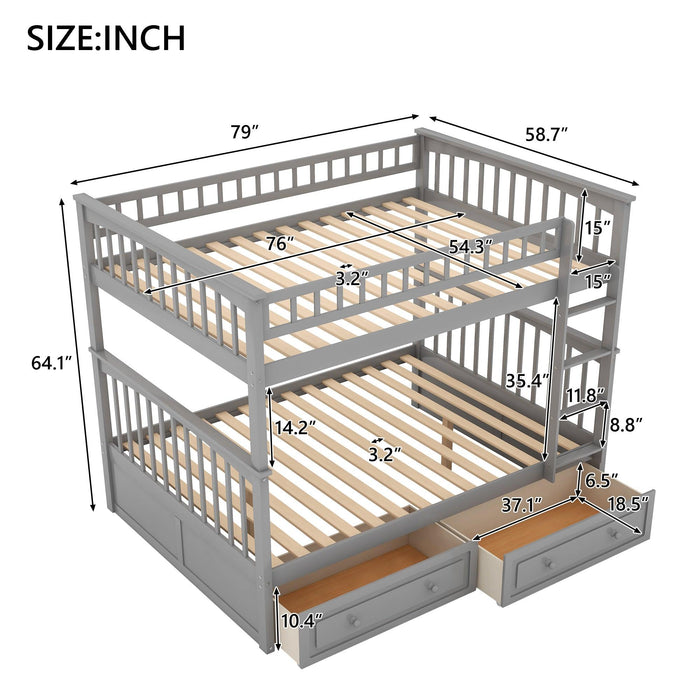 Full over Full Convertible Bunk Bed with Drawers and Head and Footboard - Gray