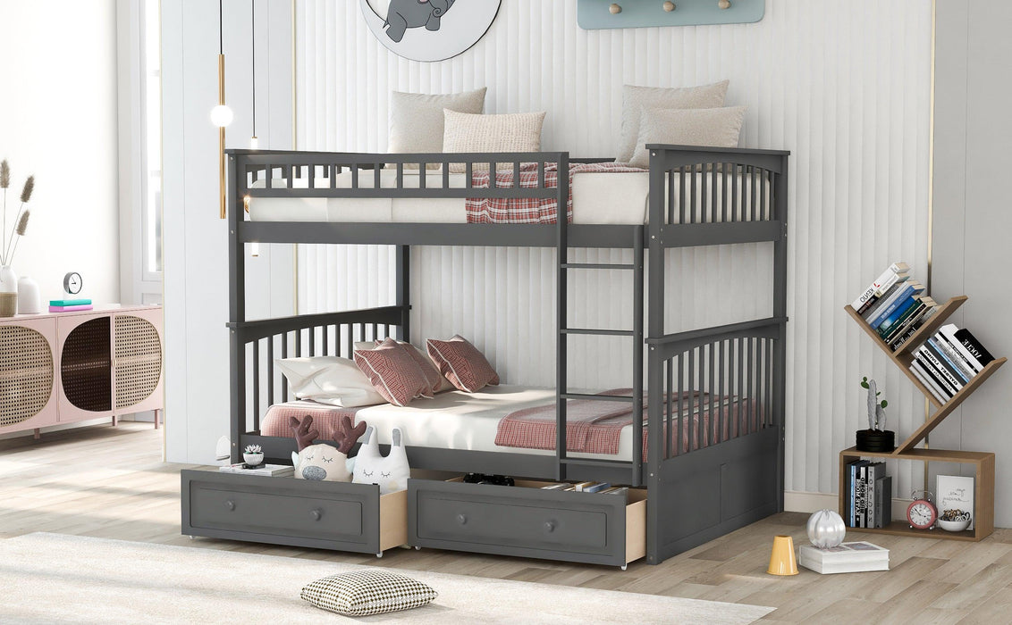 Full over Full Convertible Bunk Bed with Drawers and Head and Footboard - Gray