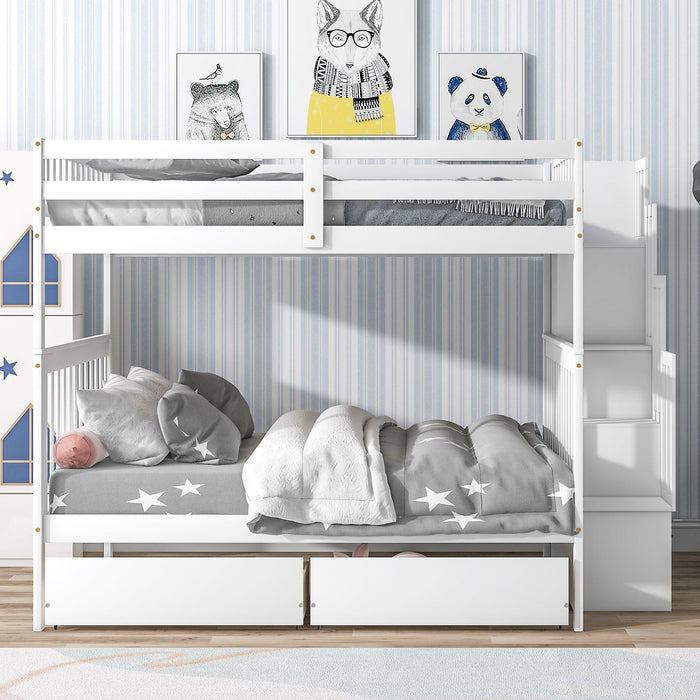 Full Over Full Convertible Bunk Bed with Drawers,Storage Staircase, Head and Footboard - White