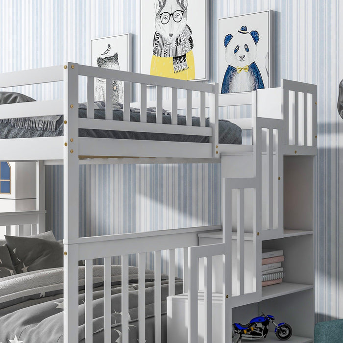 Full Over Full Convertible Bunk Bed with Drawers,Storage Staircase, Head and Footboard - White