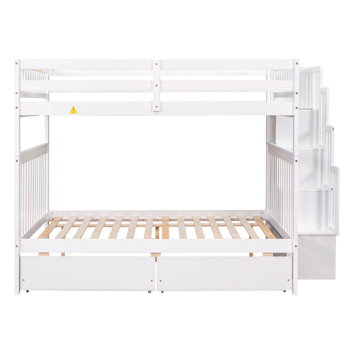 Full Over Full Convertible Bunk Bed with Drawers,Storage Staircase, Head and Footboard - White