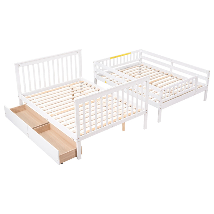 Full Over Full Convertible Bunk Bed with Drawers,Storage Staircase, Head and Footboard - White