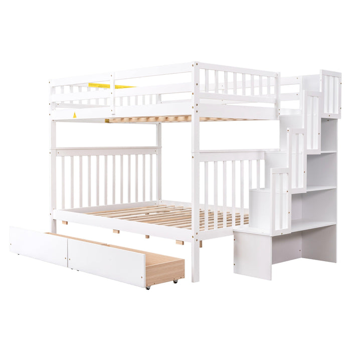 Full Over Full Convertible Bunk Bed with Drawers,Storage Staircase, Head and Footboard - White