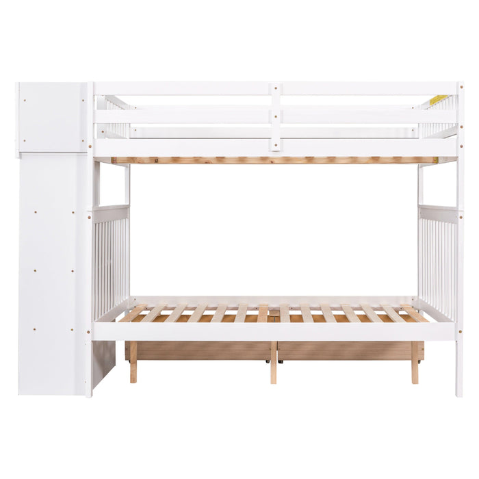 Full Over Full Convertible Bunk Bed with Drawers,Storage Staircase, Head and Footboard - White