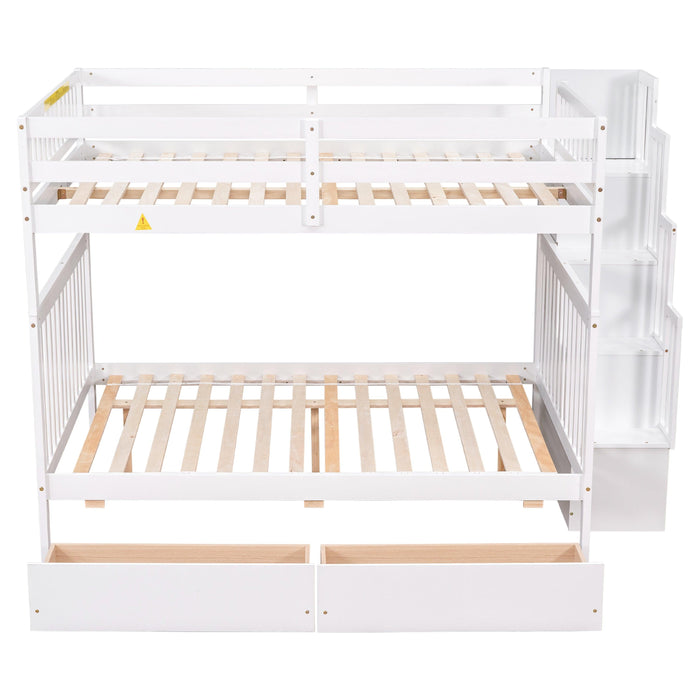 Full Over Full Convertible Bunk Bed with Drawers,Storage Staircase, Head and Footboard - White