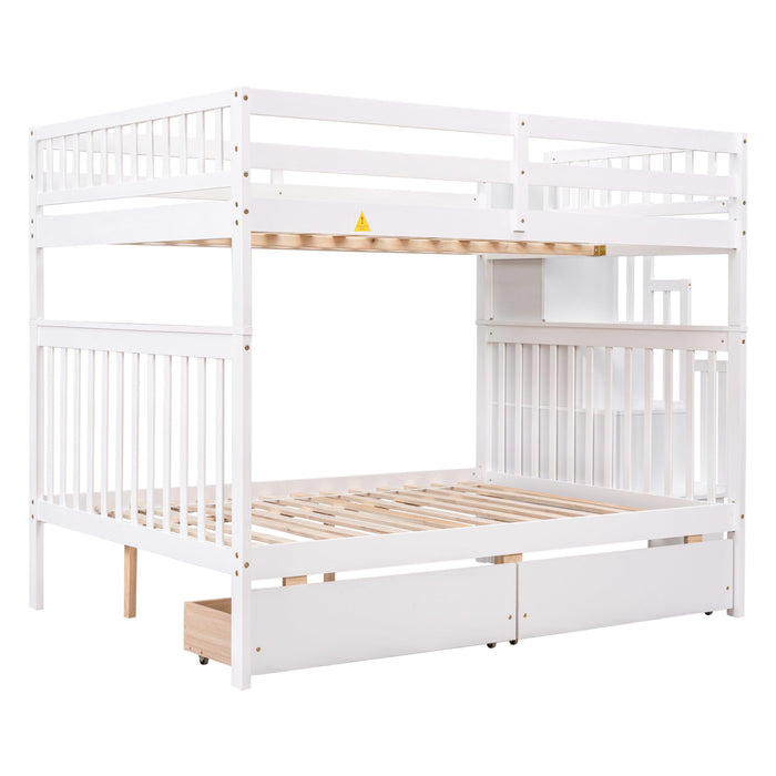 Full Over Full Convertible Bunk Bed with Drawers,Storage Staircase, Head and Footboard - White