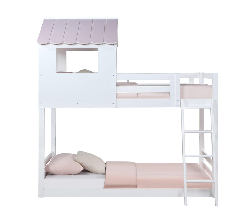 ACME Solenne Twin over Twin House Shaped Bunk Bed - White and Pink