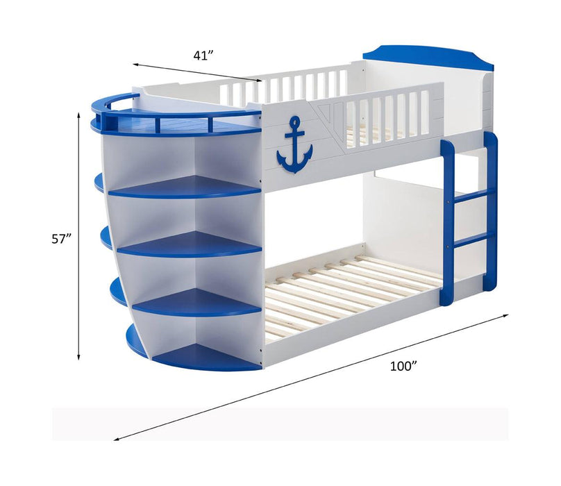 ACME Neptune Twin over Twin Boat Shaped Bunk Bed withStorage Shelves - Sky Blue