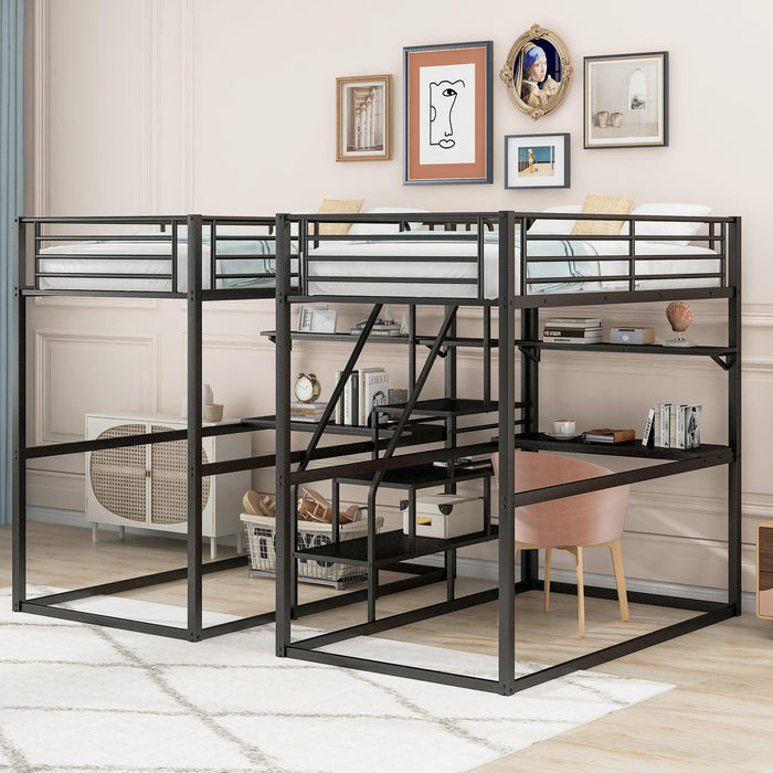 Double Twin over Twin Metal Bunk Bed with Desk Shelves andStorage Staircase - Black