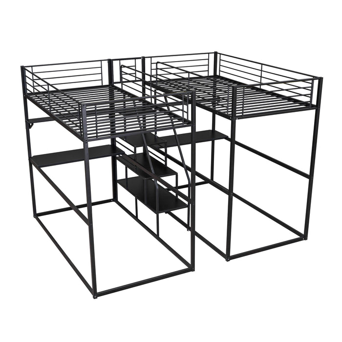 Double Twin over Twin Metal Bunk Bed with Desk Shelves andStorage Staircase - Black