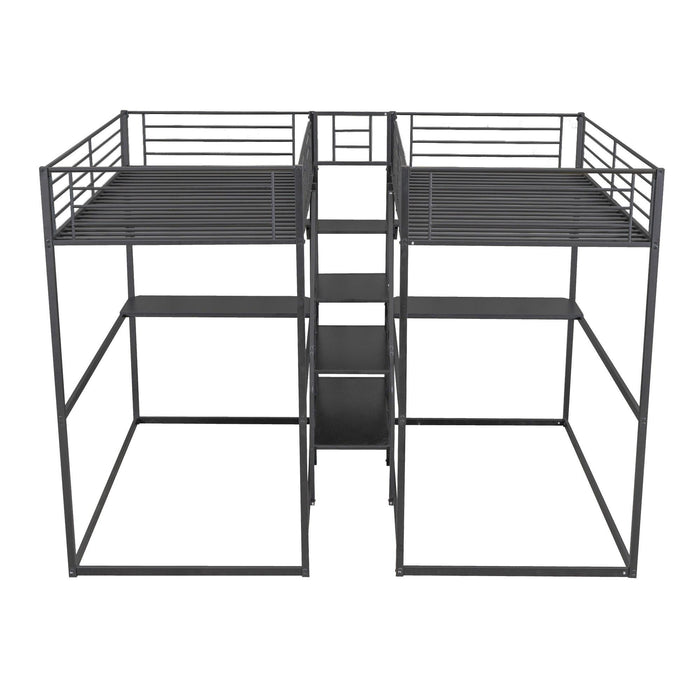 Double Twin over Twin Metal Bunk Bed with Desk Shelves andStorage Staircase - Black