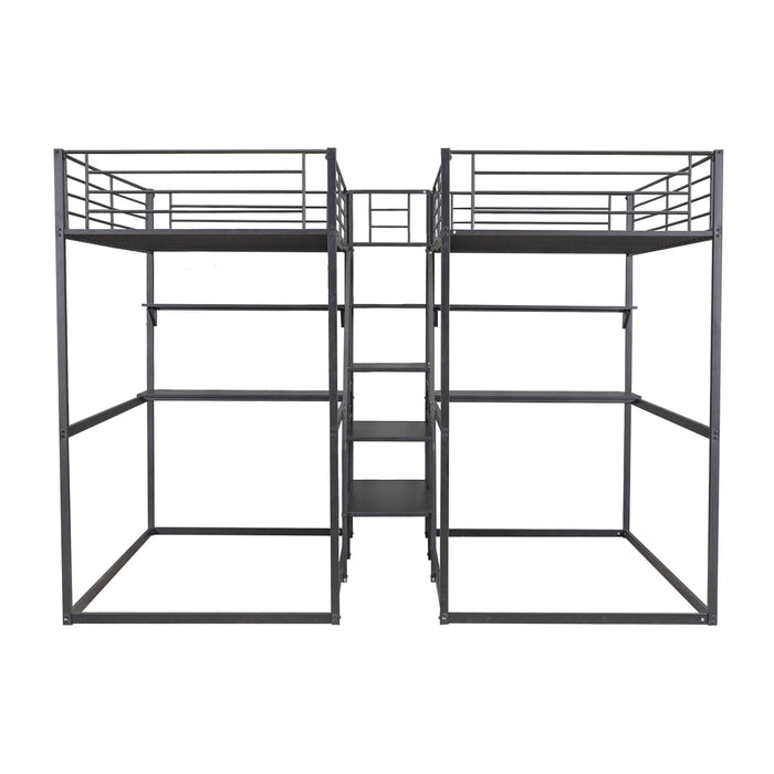 Double Twin over Twin Metal Bunk Bed with Desk Shelves andStorage Staircase - Black