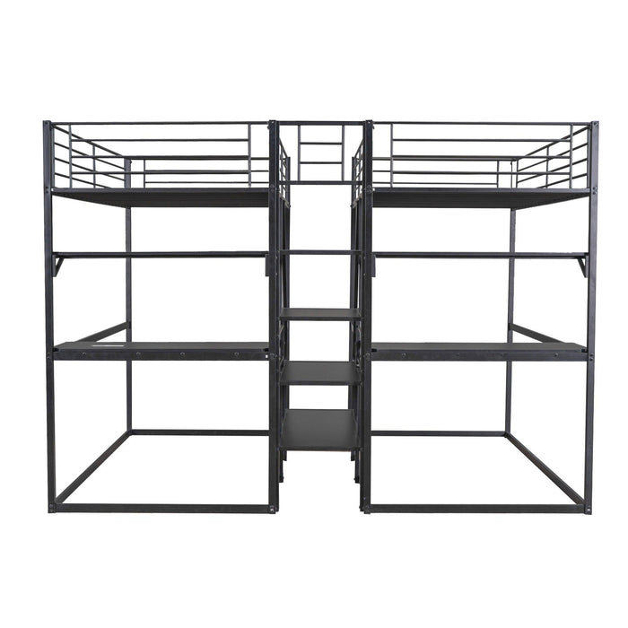 Double Twin over Twin Metal Bunk Bed with Desk Shelves andStorage Staircase - Black