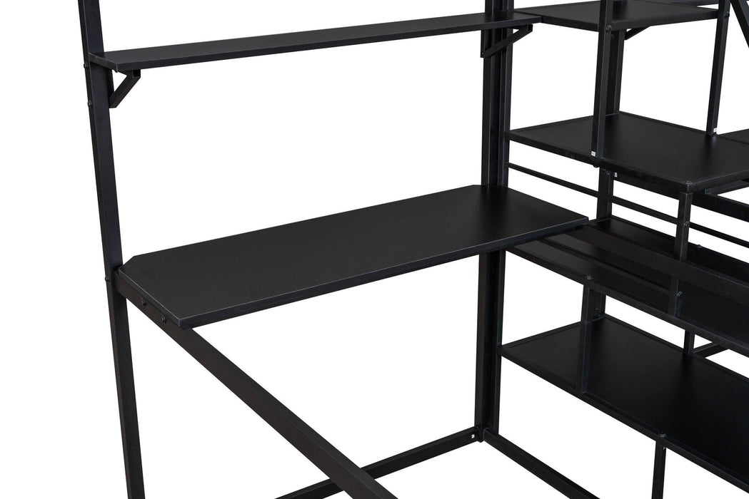 Double Twin over Twin Metal Bunk Bed with Desk Shelves andStorage Staircase - Black