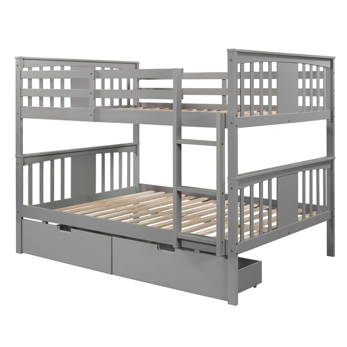 Full over Full Bunk Bed with Drawers and Ladder - Gray