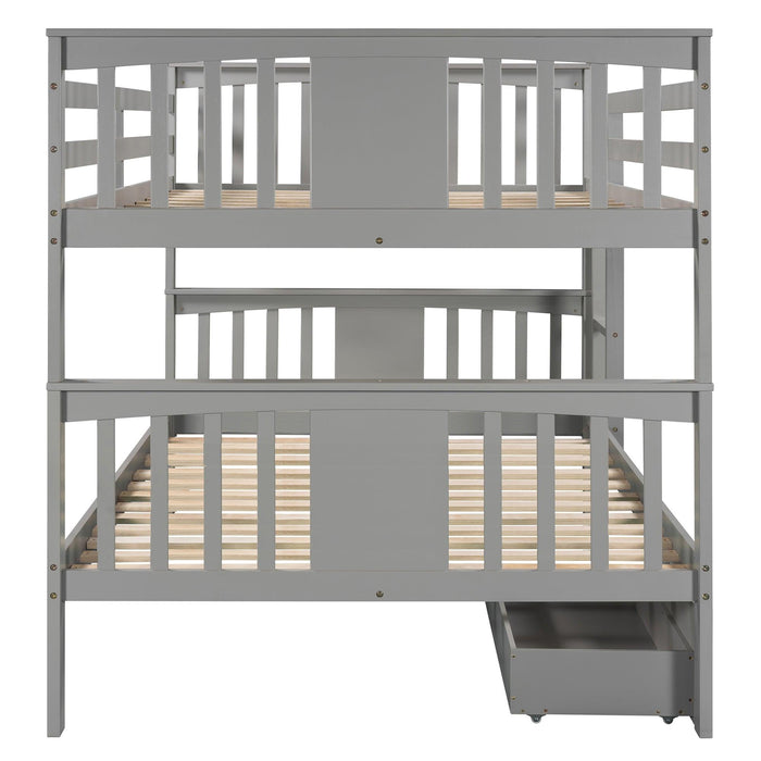 Full over Full Bunk Bed with Drawers and Ladder - Gray