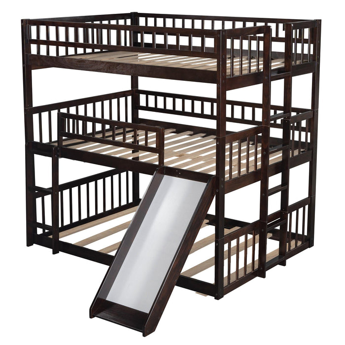 Full Over Full Over Full Triple Bunk Bed with Built-in Ladder and Slide - Espresso