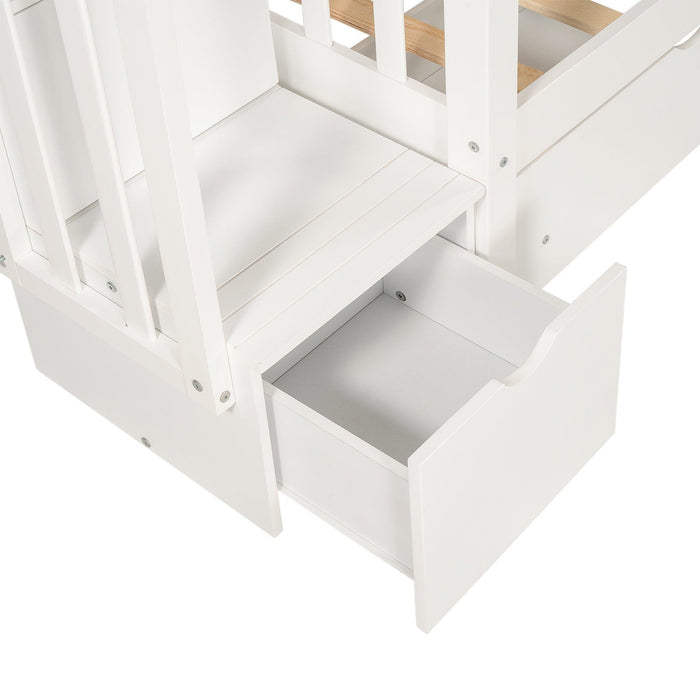 Full over Full Bunk Bed with Shelves and 6Storage Drawers - White