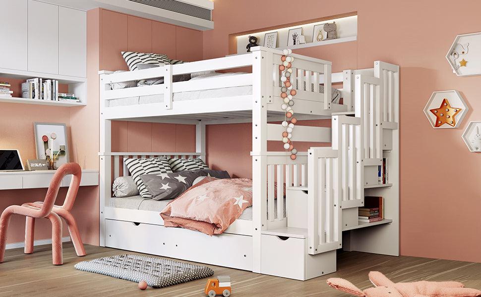 Full over Full Bunk Bed with Shelves and 6Storage Drawers - White