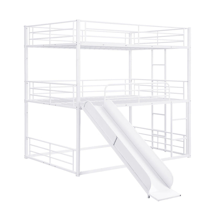 Full Size Convertible Metal Bunk Bed with Ladders and Slide - White