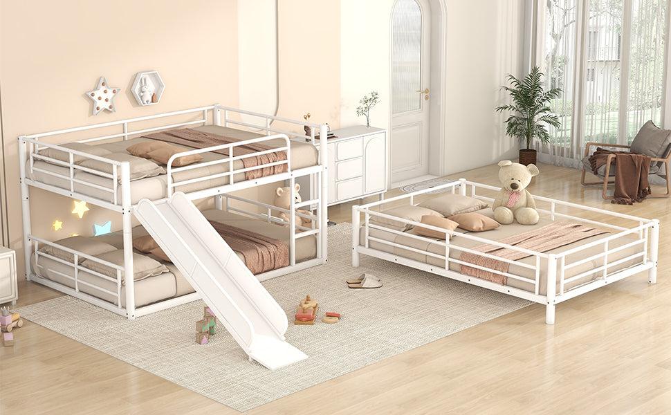 Full Size Convertible Metal Bunk Bed with Ladders and Slide - White