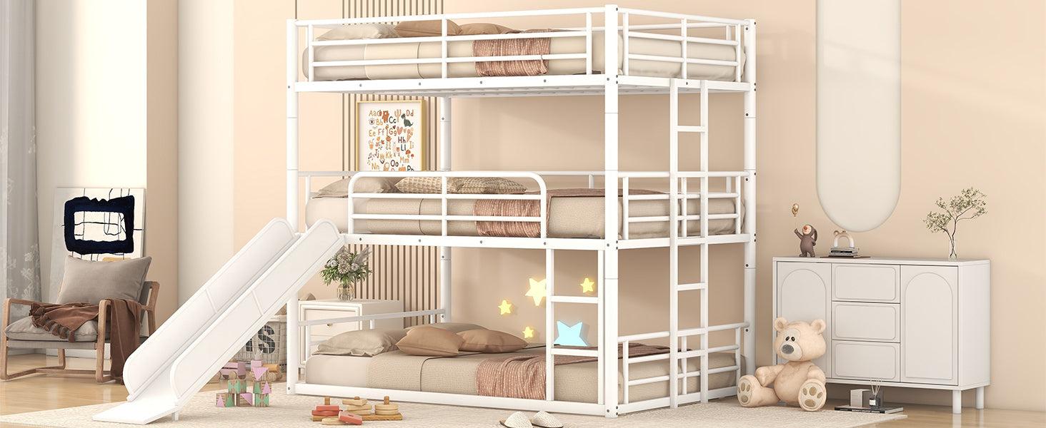 Full Size Convertible Metal Bunk Bed with Ladders and Slide - White